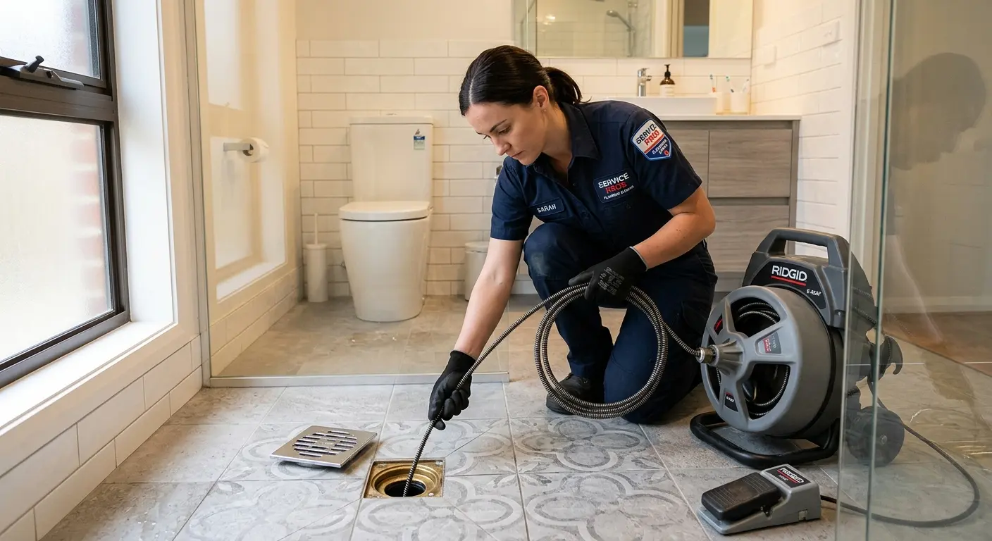 Technician clearing a bathroom floor drain for Hydro Jetting in Wilmington